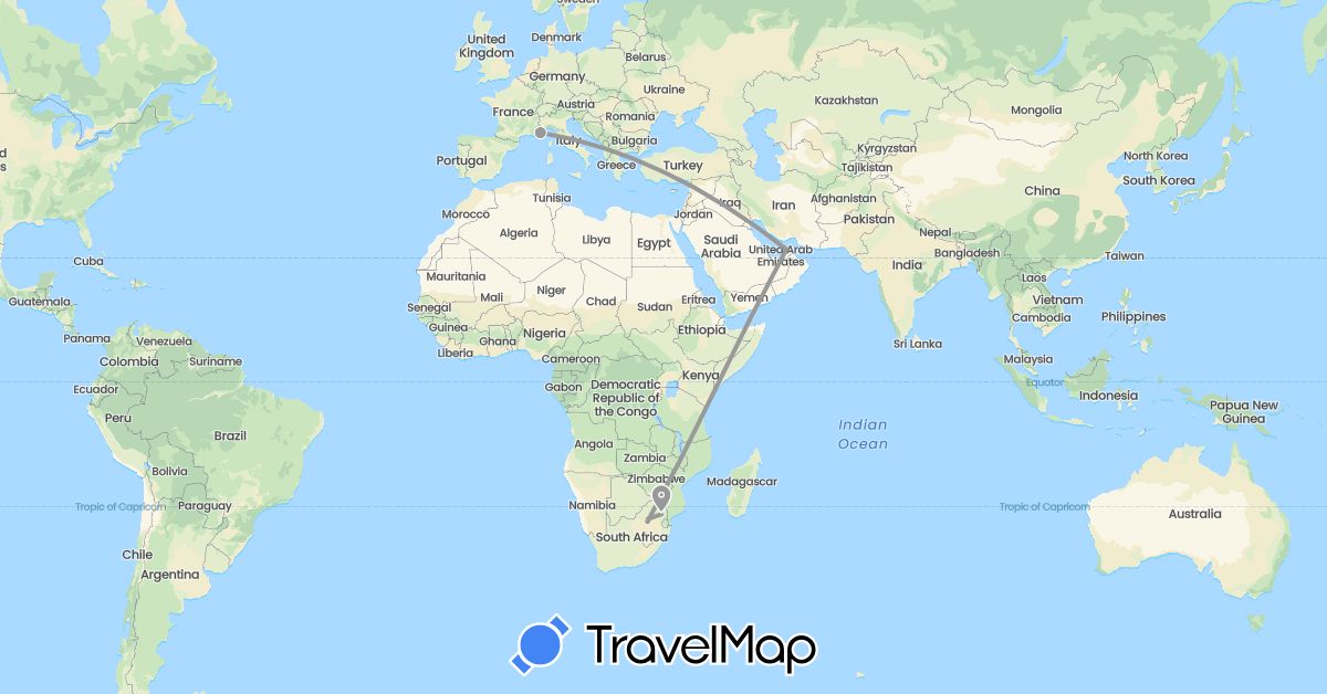 TravelMap itinerary: driving, plane in United Arab Emirates, France, South Africa (Africa, Asia, Europe)
